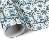 Blue Floral Art Nouveau Geschenkpapier (Rolleneckpunkt)