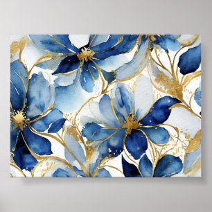 Blue Floral Art Print mit Gold Akzenten Poster