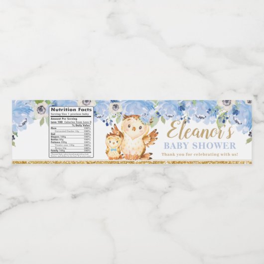 Blue Floral Baby and Mommy Owl Baby Shower Gefalle Wasserflaschenetikett (Einzelnes Label)