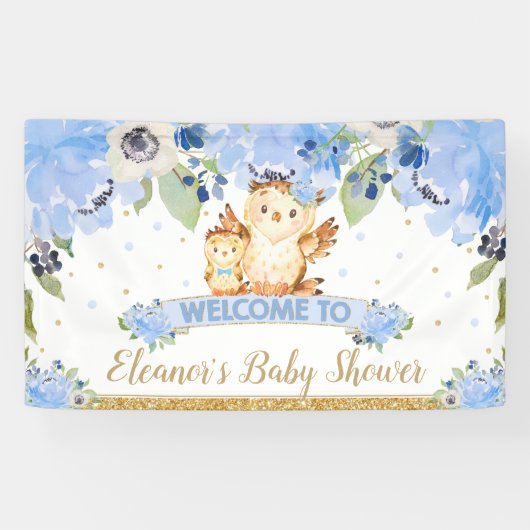 Blue Floral Baby and Mommy Owl Begrüßungsgrinsen Banner (Horizontal)