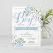 Blue Floral Baby Boy Dusche Einladung (Stehend Vorderseite)