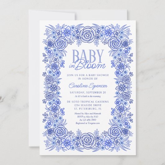 Blue Floral Baby Boy in Blütendusche Einladung (Vorderseite)
