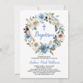 Blue Floral Baby Boy Taufe Einladung (Vorderseite)