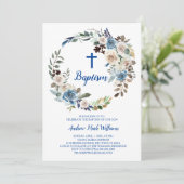 Blue Floral Baby Boy Taufe Einladung (Stehend Vorderseite)