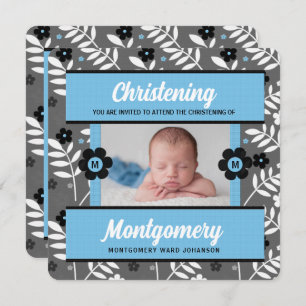 Blue Floral Baby Christening mit Foto Einladung