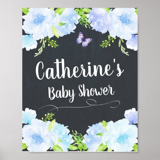 Blue Floral Baby Dusche Begrüßung Plakatdekor Poster (Vorne)