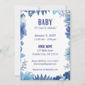 Blue Floral Baby Einladung - Zeit zum Feiern (Vorderseite)