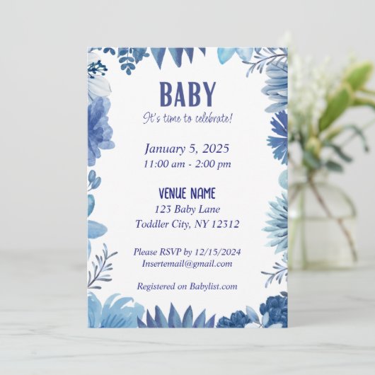 Blue Floral Baby Einladung - Zeit zum Feiern (Stehend Vorderseite)