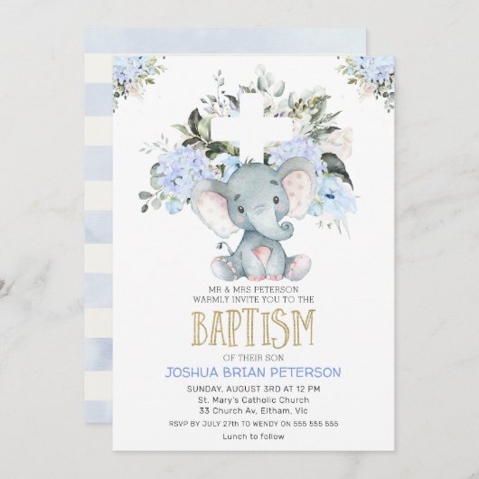 Blue Floral Baby Elephant Taufe Einladung (Vorne/Hinten)