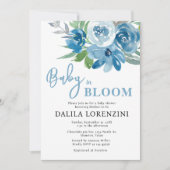 Blue Floral Baby in Bloom Baby Dusche Einladung (Vorderseite)