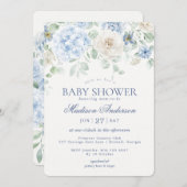 Blue Floral Baby in Bloom Hydrangea Babydusche Einladung (Vorne/Hinten)