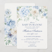 Blue Floral Baby in Bloom Hydrangea Babydusche Einladung (Vorne/Hinten)