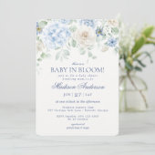 Blue Floral Baby in Bloom Hydrangea Babydusche Einladung (Stehend Vorderseite)