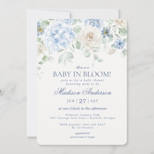 Blue Floral Baby in Bloom Hydrangea Babydusche Einladung (Vorderseite)