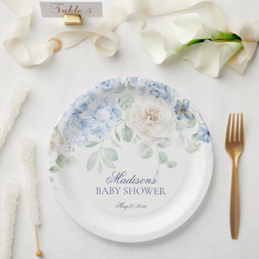 Blue Floral Baby in Bloom Hydrangea Babydusche Pappteller (Hochzeit)