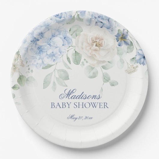 Blue Floral Baby in Bloom Hydrangea Babydusche Pappteller (Vorderseite)