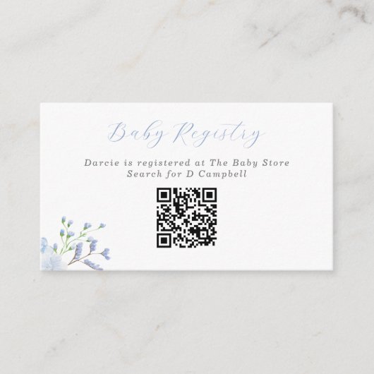 Blue Floral Baby Shooting Baby Registry QR Code Begleitkarte (Vorderseite)