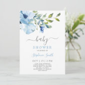 Blue Floral Baby Shower Boy Einladung (Stehend Vorderseite)
