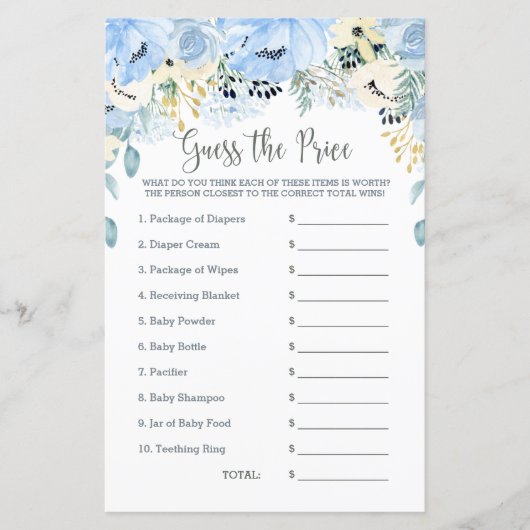 Blue Floral Baby Shower Game rät den Preis (Vorderseite)