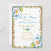 Blue Floral Baby Shower Gold Glitzer Einladung B (Vorderseite)