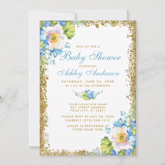 Blue Floral Baby Shower Gold Glitzer Einladung B (Vorderseite)