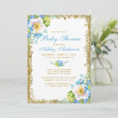 Blue Floral Baby Shower Gold Glitzer Einladung B (Stehend Vorderseite)