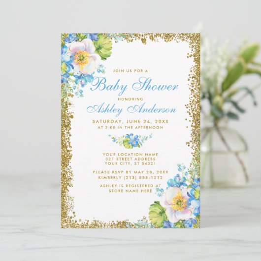 Blue Floral Baby Shower Gold Glitzer Einladung B (Stehend Vorderseite)