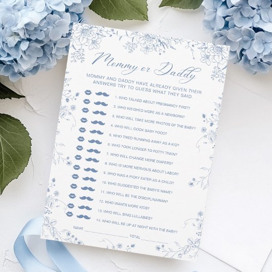 Blue Floral Baby Shower Mommy oder Daddy Game Card Einladung