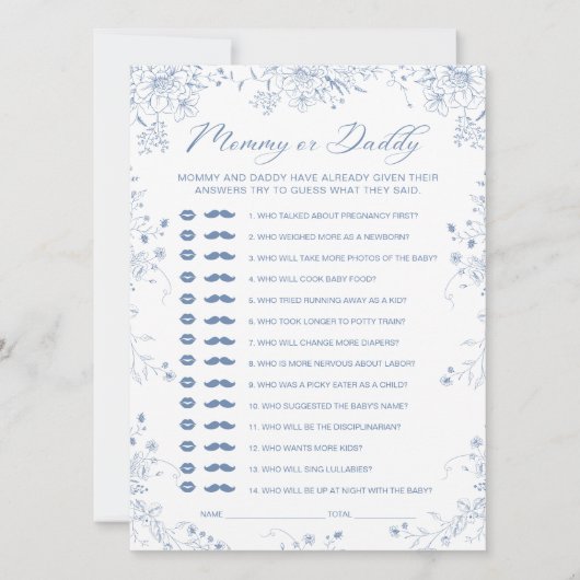Blue Floral Baby Shower Mommy oder Daddy Game Card Einladung (Vorderseite)