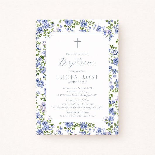 Blue Floral Baptism Invitation for Girl Einladung