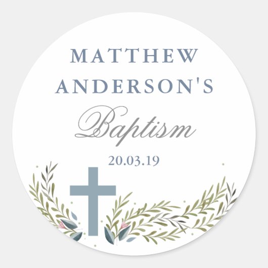 Blue Floral Baptism Sticker Tags (Vorderseite)