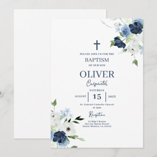 Blue Floral Baptisy Boy Einladung (Vorne/Hinten)