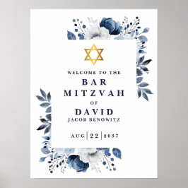 Blue Floral Bar Mitzvah Bat Mitzvah Begrüßungszeic Poster