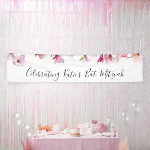 Blue Floral Bat Mitzvah Celebration Banner