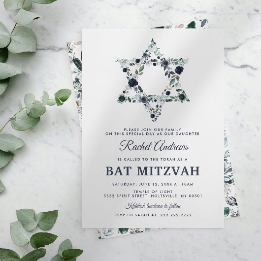 Blue Floral Bat Mitzvah Einladung