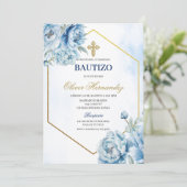 Blue Floral Bautizo Spanische Einladung (Stehend Vorderseite)