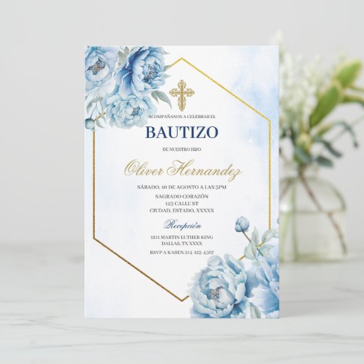 Blue Floral Bautizo Spanische Einladung (Stehend Vorderseite)