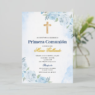 Blue Floral Bautizo Spanische Einladung