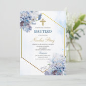 Blue Floral Bautizo Spanische Einladung (Stehend Vorderseite)