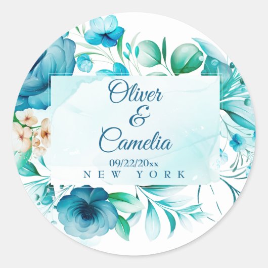 Blue Floral Beach Hawaiian Wedding/Verlobung Runder Aufkleber (Vorderseite)