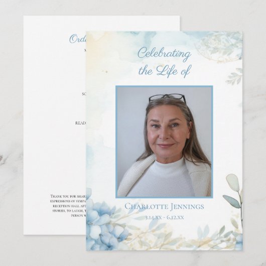 Blue Floral Beerdigung Gedenkorden Programm (Vorne/Hinten)