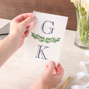 Blue Floral Berry Sprigs Monogram Wedlay Overlay Pergament Einladungen