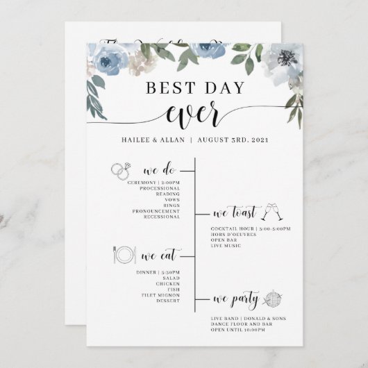 Blue Floral Best Day Ever Wedelzeitprogramm Programm (Vorne/Hinten)