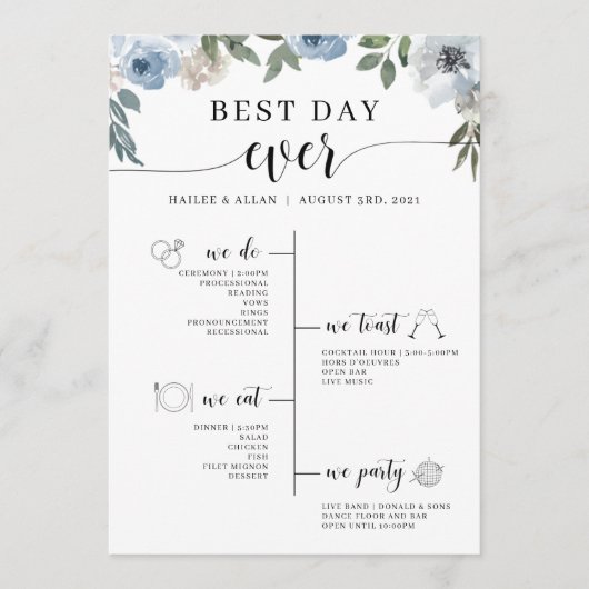 Blue Floral Best Day Ever Wedelzeitprogramm Programm (Vorderseite)