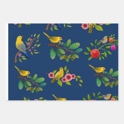 Blue Floral Bird Print Geschenkpapier Set (Vorderseite 3)