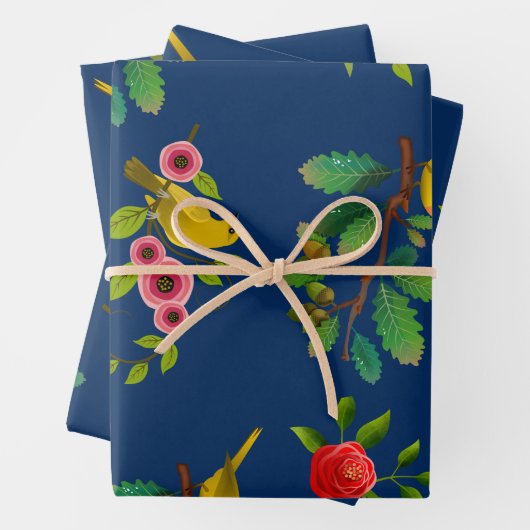 Blue Floral Bird Print Geschenkpapier Set (Beispiel)