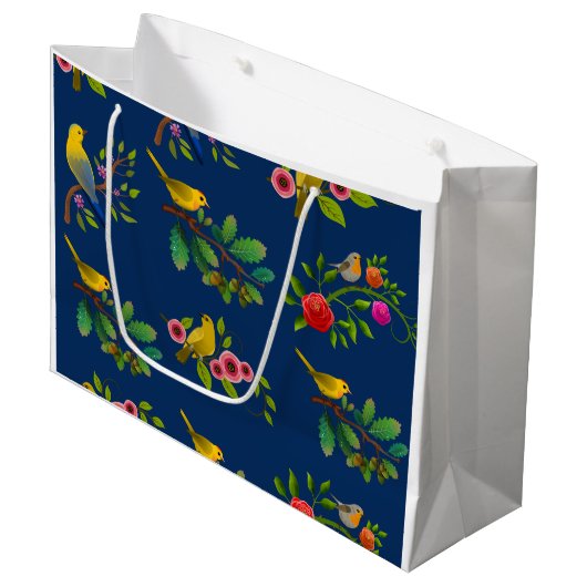Blue Floral Bird Print Geschenktasche Große Geschenktüte (Vorderseite Schrägansicht)