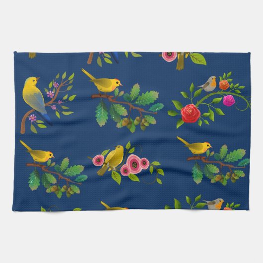 Blue Floral Bird Print Geschirrtuch (Horizontal)