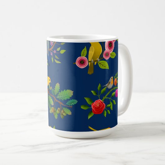 Blue Floral Bird Print Kaffeetasse (VorderseiteRechts)