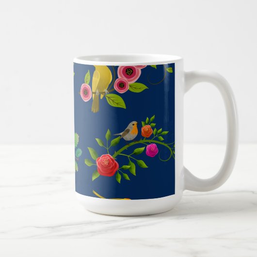 Blue Floral Bird Print Kaffeetasse (Rechts)